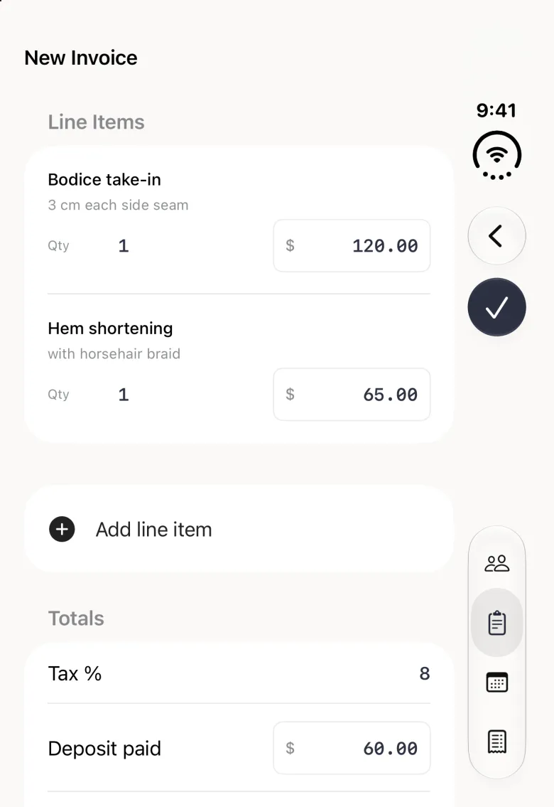 New Invoice screen on the closed iPhone Duo with a Back button and a navy round Save button with a check mark stacked in the vertical bar strip on the right edge. The Line Items card lists Bodice take-in, 3 cm each side seam, quantity 1 at $120.00, and Hem shortening, with horsehair braid, quantity 1 at $65.00, followed by an Add line item row and a Totals card with Tax % 8 and Deposit paid $60.00; the due date and the Summary are below the fold.