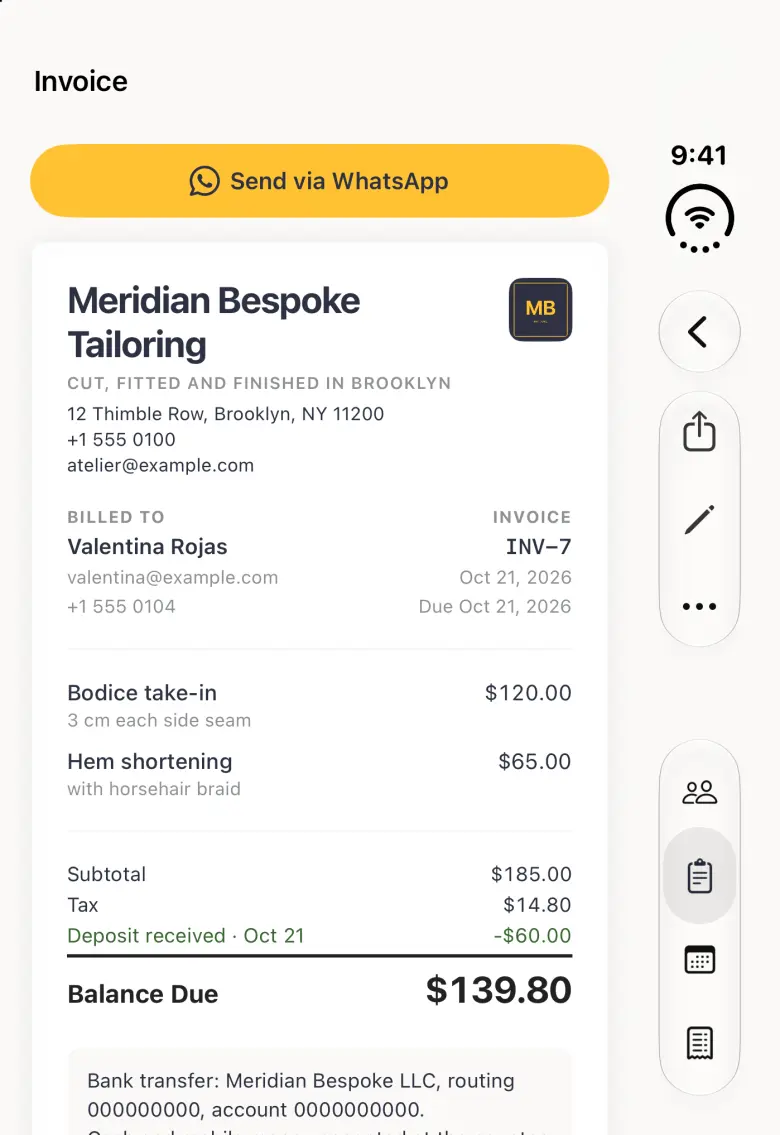 Invoice INV-7 for Valentina Rojas on the closed iPhone Duo, with Back and a Share, Edit and More capsule in the vertical bar strip on the right edge, below a gold Send via WhatsApp button. The document shows the Meridian Bespoke Tailoring header and logo, the client's email and phone, INV-7 dated and due Oct 21, 2026, Bodice take-in at $120.00 and Hem shortening at $65.00, subtotal $185.00, tax $14.80, a deposit of $60.00 received Oct 21 and a Balance Due of $139.80, then the top of the payment details.