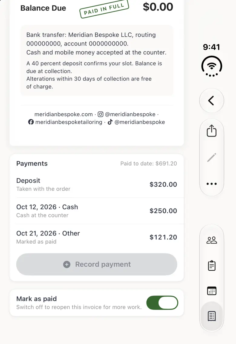 Invoice INV-2 on the closed iPhone Duo scrolled to the end, with Back and a capsule of Share, a greyed-out Edit pencil and More in the vertical bar strip on the right edge: a Balance Due of $0.00 with a green PAID IN FULL stamp at the top, the payment details and footer, then the Payments card reading Paid to date: $691.20 with the $320.00 deposit, the Oct 12, 2026 cash payment of $250.00 and a new Oct 21, 2026 Other row of $121.20 labelled Marked as paid above a greyed-out Record payment button, and the Mark as paid switch on with the note Switch off to reopen this invoice for more work.