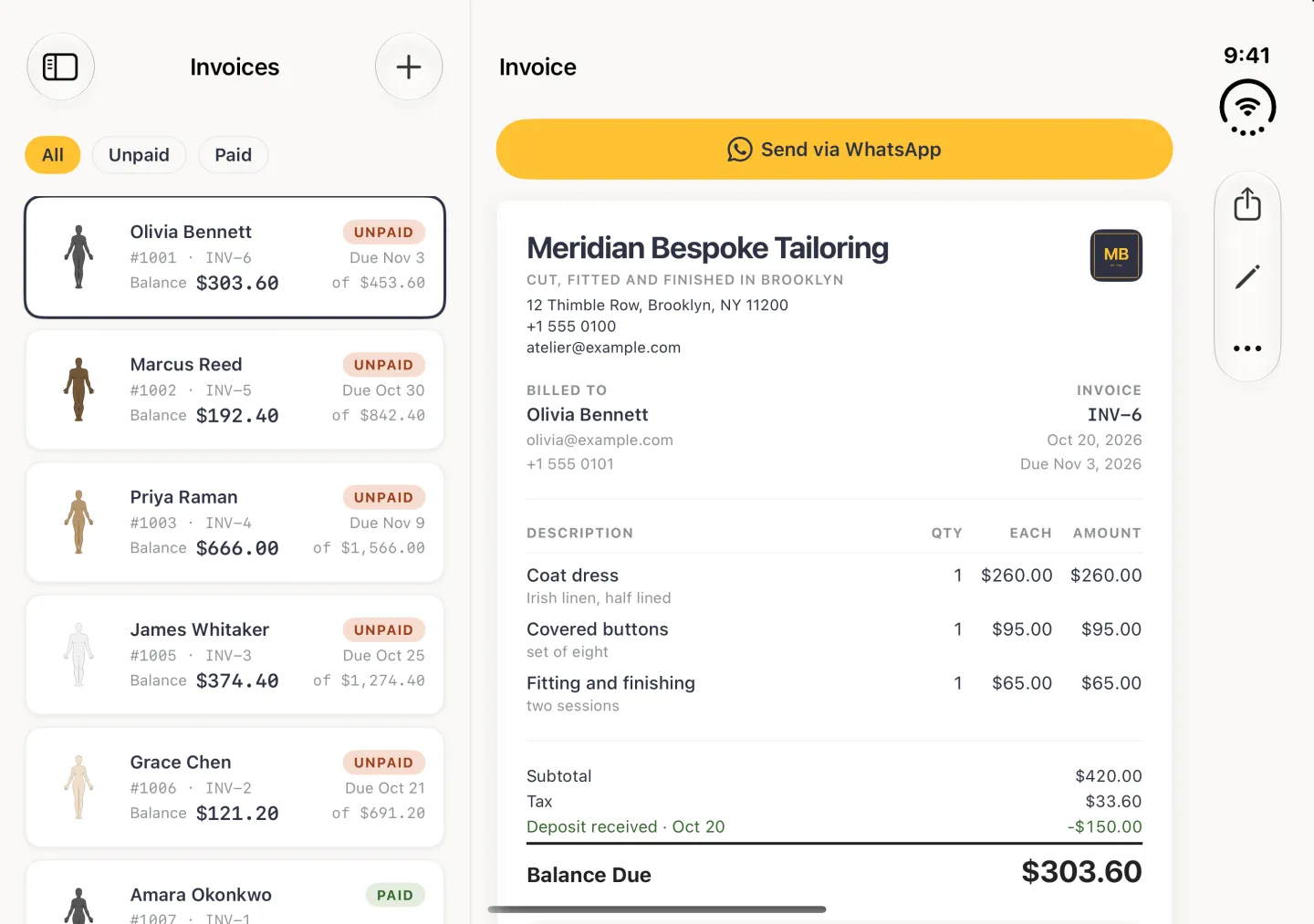 Invoices in landscape as a split view: on the left the Invoices column with a sidebar button, the title Invoices and a round plus button, All, Unpaid and Paid chips with All in gold, then invoice cards for Olivia Bennett (#1001, INV-6, outlined), Marcus Reed (INV-5), Priya Raman (INV-4), James Whitaker (INV-3), Grace Chen (INV-2) and the start of Amara Okonkwo's (INV-1) card, five with an Unpaid badge and a due date and Amara's with a green Paid badge, each showing the balance above the invoice total; on the right Olivia Bennett's INV-6 is open with a gold Send via WhatsApp button, the Meridian Bespoke Tailoring header with the MB logo, three line items and a Balance Due of $303.60, with Share, Edit and More in the vertical bar strip on the right edge.