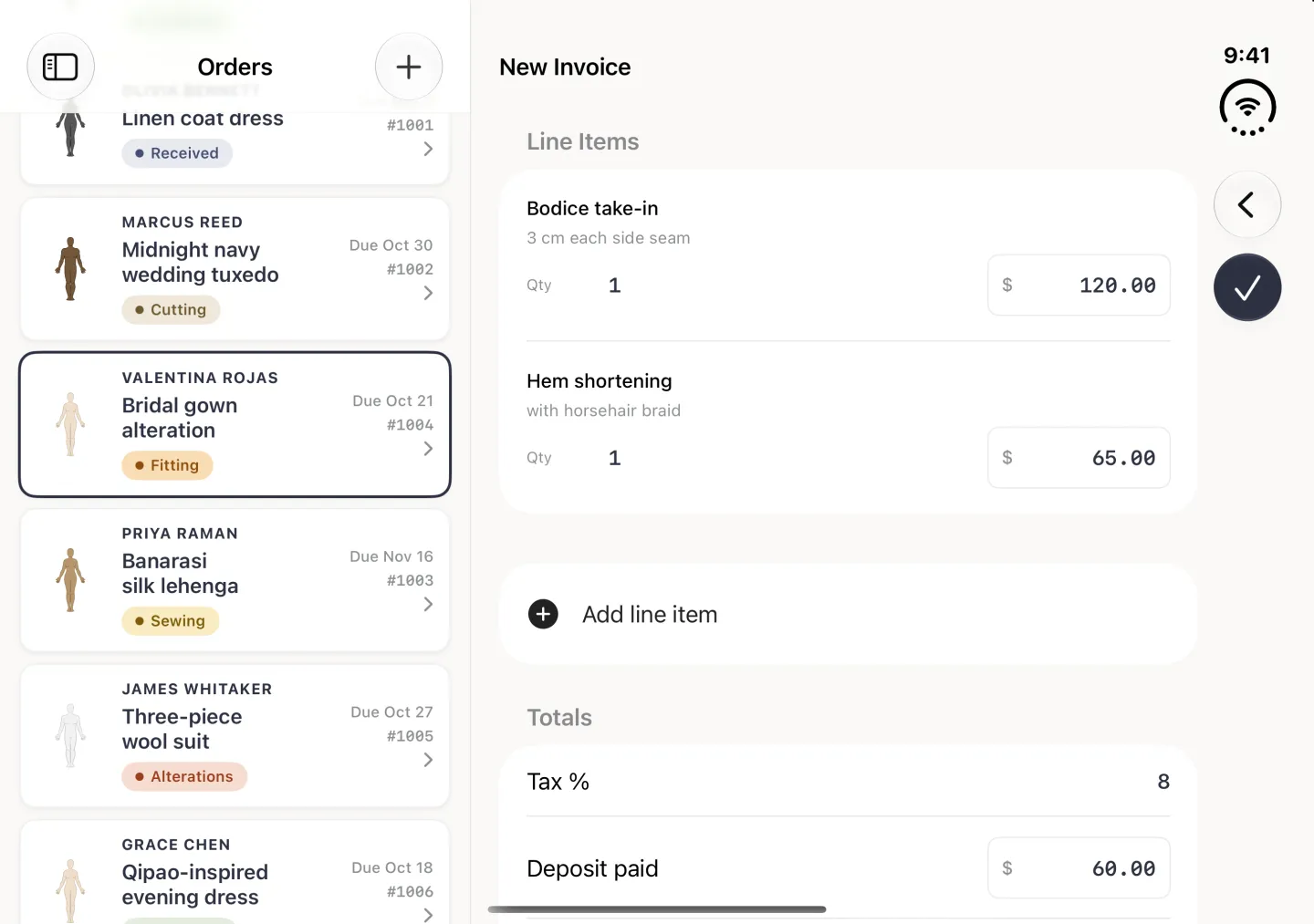 New Invoice editor in the pane beside the Orders column in landscape, with a Back button and a navy round Save button with a check mark in the vertical bar strip on the right edge. The Line Items card lists Bodice take-in, 3 cm each side seam, quantity 1 at $120.00, and Hem shortening, with horsehair braid, quantity 1 at $65.00, followed by an Add line item row and a Totals card with Tax % 8 and Deposit paid $60.00; the due date and Summary are further down.