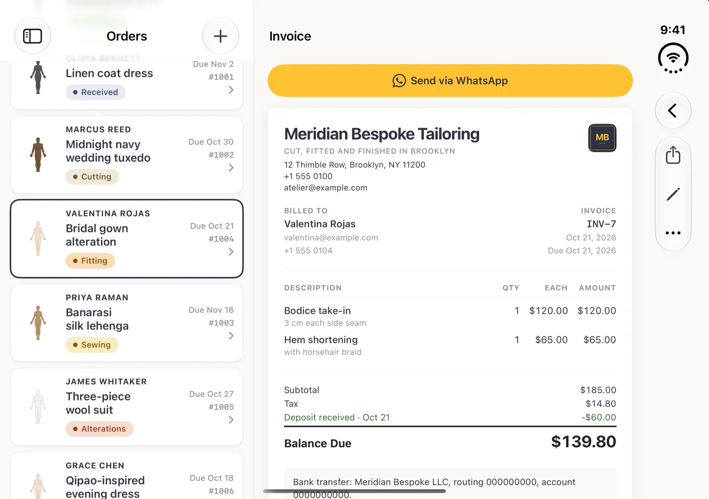 Invoice INV-7 for Valentina Rojas open in the pane beside the Orders column in landscape, with Back, Share, Edit and More in the vertical bar strip on the right edge and a gold Send via WhatsApp button at the top. The document shows the Meridian Bespoke Tailoring header and logo, the client's email and phone with INV-7 dated Oct 21, 2026, Bodice take-in at $120.00 and Hem shortening at $65.00, subtotal $185.00, tax $14.80, a deposit of $60.00 received Oct 21 and a Balance Due of $139.80, with the payment details starting below.