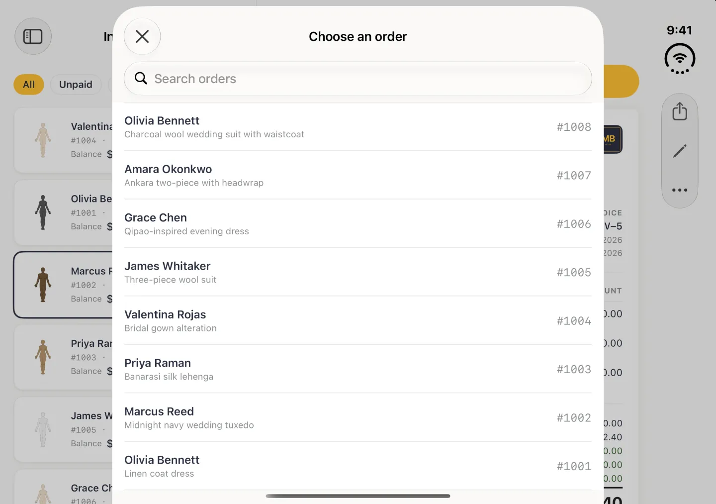 Choose an order card centred over the dimmed Invoices column and INV-5 in landscape, with a round Close button marked with a cross at the top left, the title Choose an order, a Search orders field and eight orders listed newest first: Olivia Bennett #1008, Amara Okonkwo #1007, Grace Chen #1006, James Whitaker #1005, Valentina Rojas #1004, Priya Raman #1003, Marcus Reed #1002 and Olivia Bennett #1001, each with the garment under the name and the order number on the right.