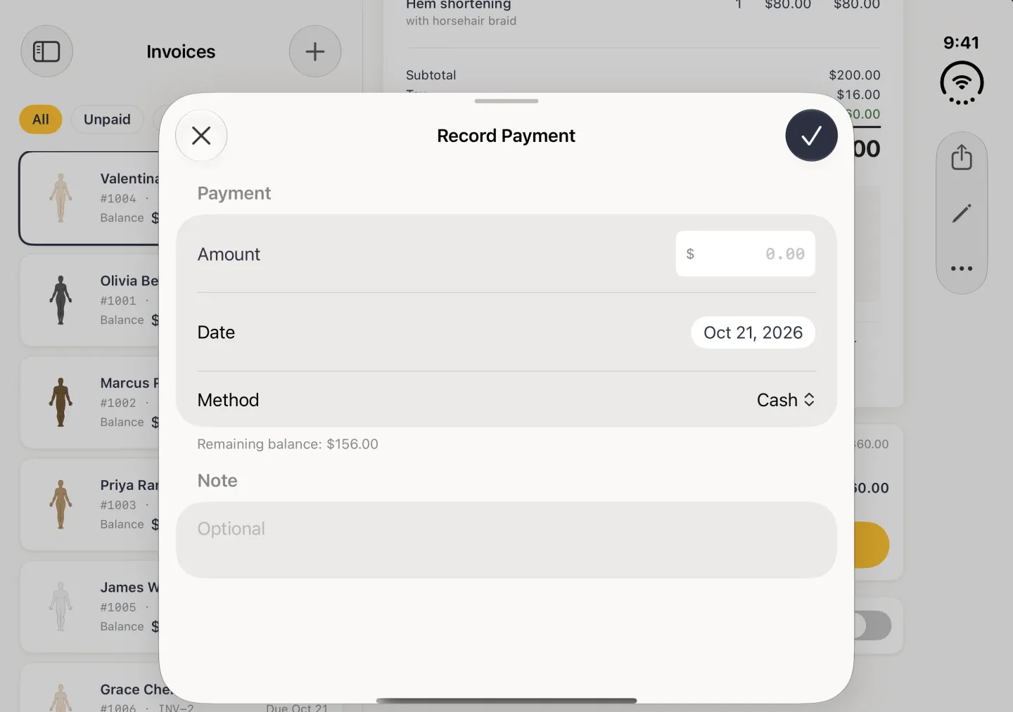 Record Payment sheet centred over the dimmed Invoices column and INV-7 in landscape, with a round Close button marked with a cross at the top left and a navy round confirm button with a check mark at the top right. The Payment card holds an empty Amount field with a dollar sign, the date Oct 21, 2026 and the method Cash, with Remaining balance: $156.00 underneath, then an empty optional Note field.