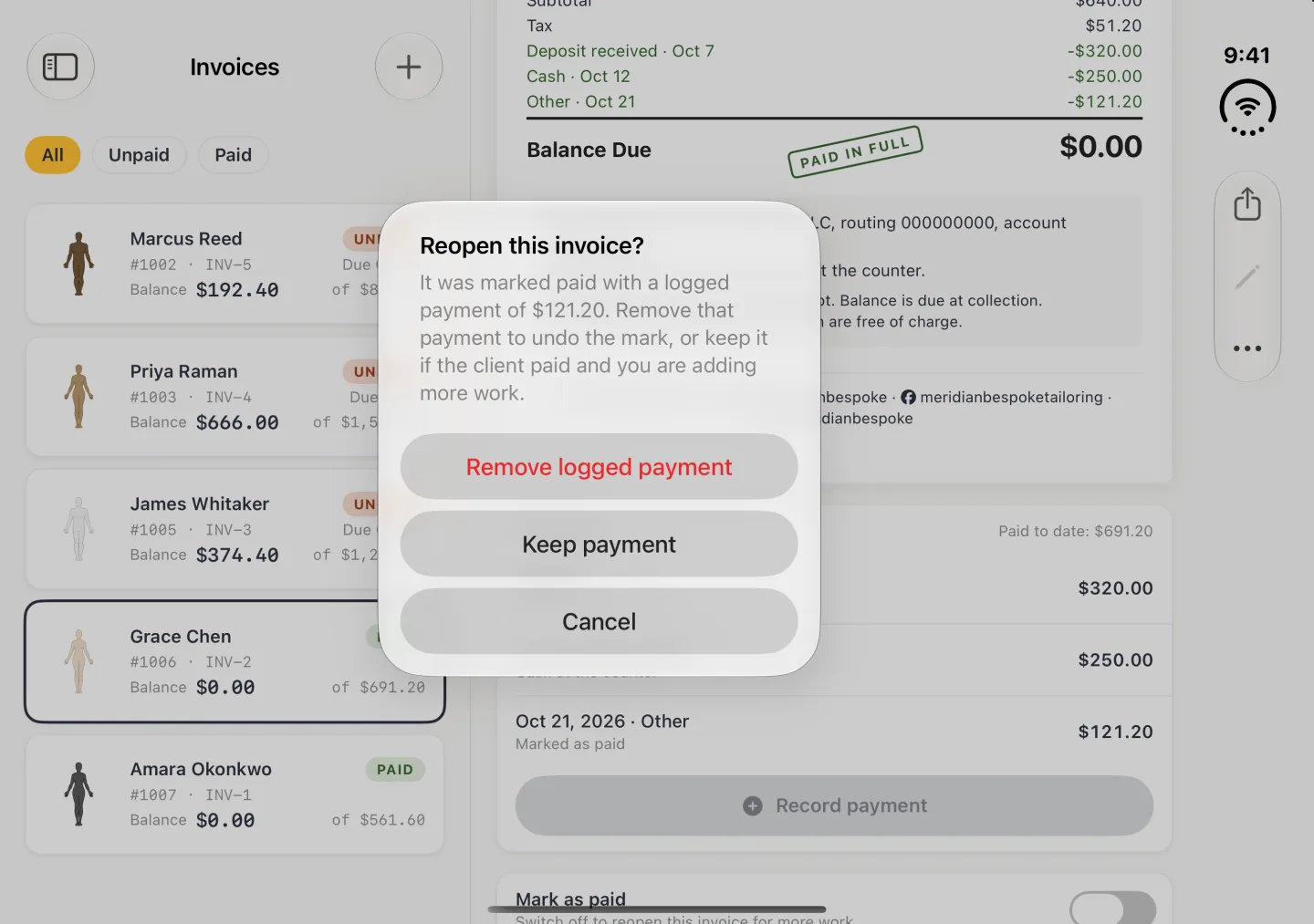 Invoice INV-2 and the Invoices column dimmed behind an alert in landscape titled Reopen this invoice?, explaining that it was marked paid with a logged payment of $121.20 and offering three buttons: Remove logged payment in red, Keep payment and Cancel. The PAID IN FULL stamp and the Mark as paid switch, now off, show behind the alert.