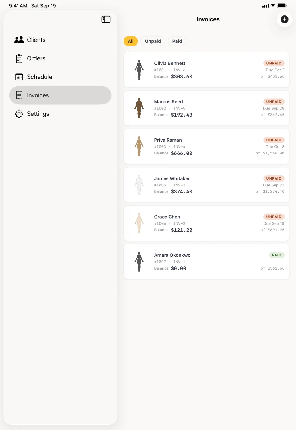 Invoices list beside a sidebar reading Clients, Orders, Schedule, Invoices and Settings, on the All filter, with six rows for Olivia Bennett, Marcus Reed, Priya Raman, James Whitaker, Grace Chen and Amara Okonkwo, each led by that client's own body figure in their skin tone and giving the balance still owed against the invoice total, five carrying an orange Unpaid badge with a due date and one a green Paid badge.