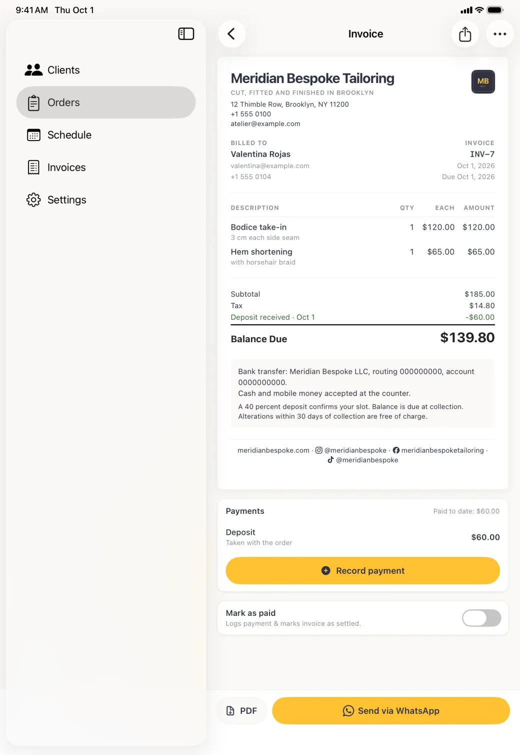 Invoice INV-7 for Valentina Rojas showing two line items, a subtotal of 185 dollars, 14 dollars 80 of tax, a deposit of 60 dollars deducted and a balance due of 139 dollars 80, with the Payments card and the Mark as paid row underneath.
