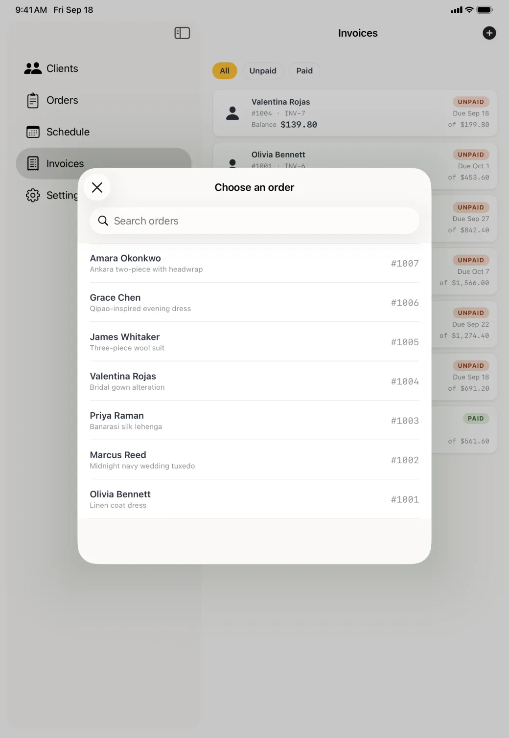 Choose an order card centred over the dimmed Invoices list, with a search field and seven orders listed by client name, garment and order number, newest first from Amara Okonkwo #1007 down to Olivia Bennett #1001.