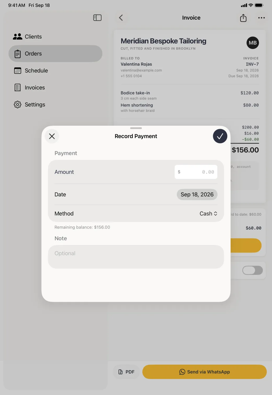 Record Payment card over the dimmed invoice, with an empty amount field prefixed by a dollar sign, a date row reading September 18 2026, a method row set to Cash, a line reading remaining balance 156 dollars and an optional note field.