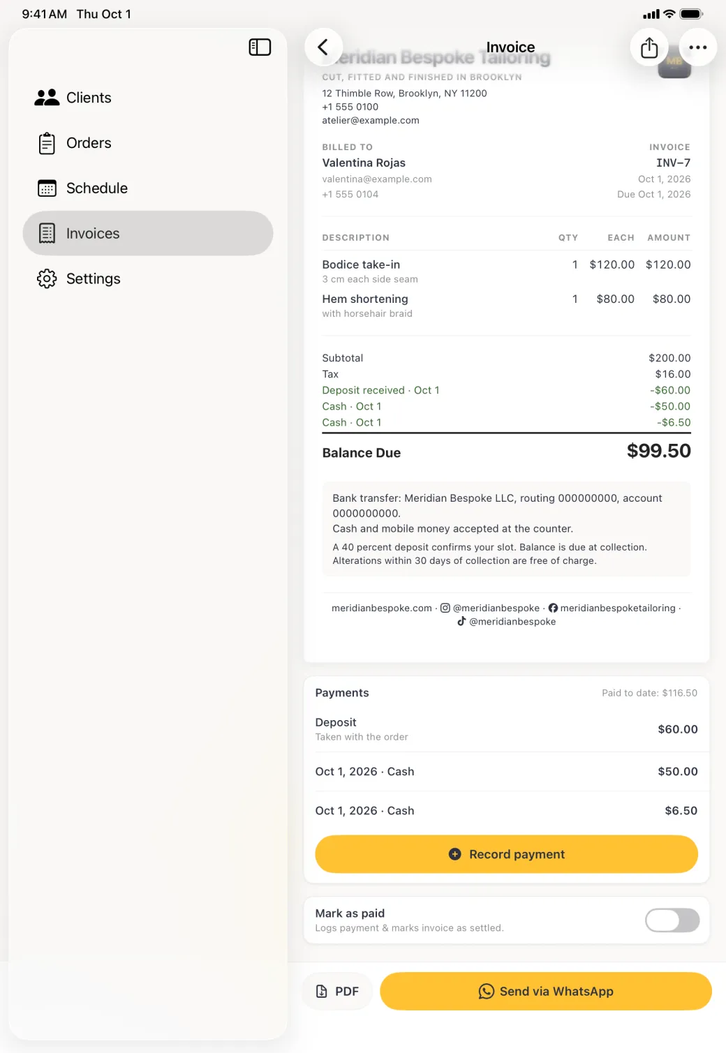 Invoice INV-7 showing a deposit and two cash payments deducted in the totals block, a balance due of 99 dollars 50, and a Payments card reading paid to date 116 dollars 50 with the deposit and both instalments as separate lines.