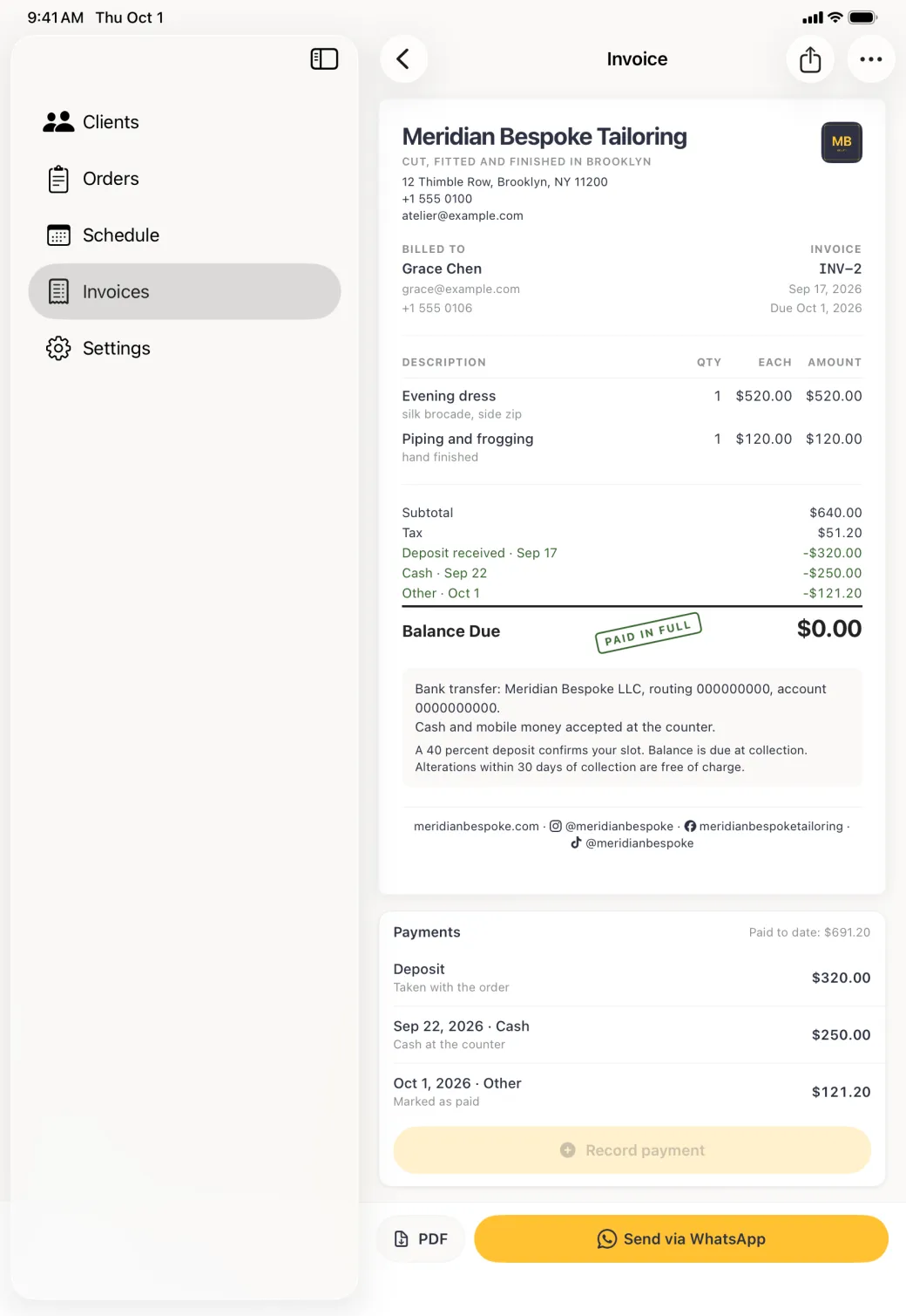 Invoice INV-2 stamped PAID IN FULL beside a balance due of zero dollars, with a new line reading Other, September 18, minus 121 dollars 20 in the totals block and a matching payment row labelled Marked as paid, and the Record payment button now greyed out.