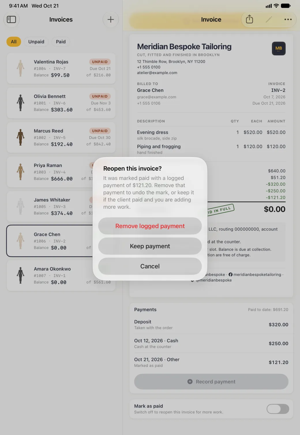 The Invoices list and INV-2 dimmed behind an alert titled Reopen this invoice?, explaining that it was marked paid with a logged payment of $121.20, which can be removed to undo the mark or kept if the client paid and more work is being added, with three stacked buttons: Remove logged payment in red, Keep payment and Cancel. The PAID IN FULL stamp, the Marked as paid payment row and the Mark as paid switch, now off, show behind the alert.