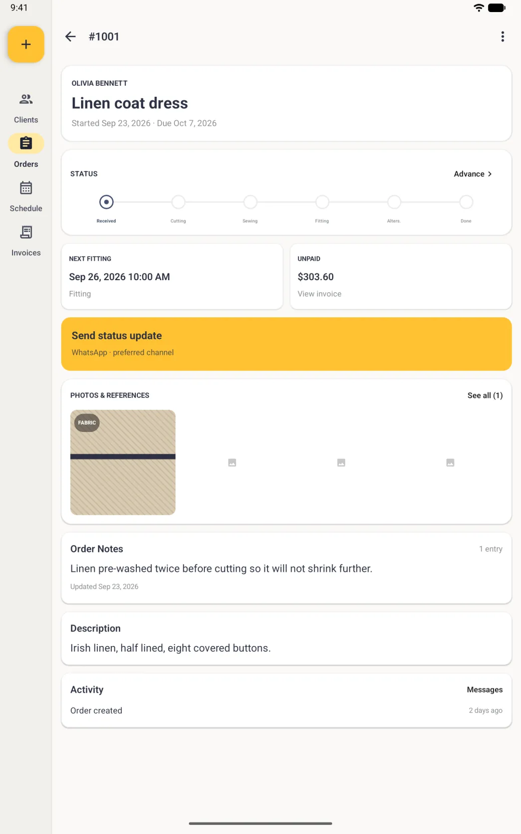 Order detail for order 1001 on a tablet in portrait, with a wide gold bar reading Send status update and underneath it WhatsApp, preferred channel, below the Next Fitting card, which reads tomorrow's date at 10:00 AM, and the Unpaid card, and above Photos and References.
