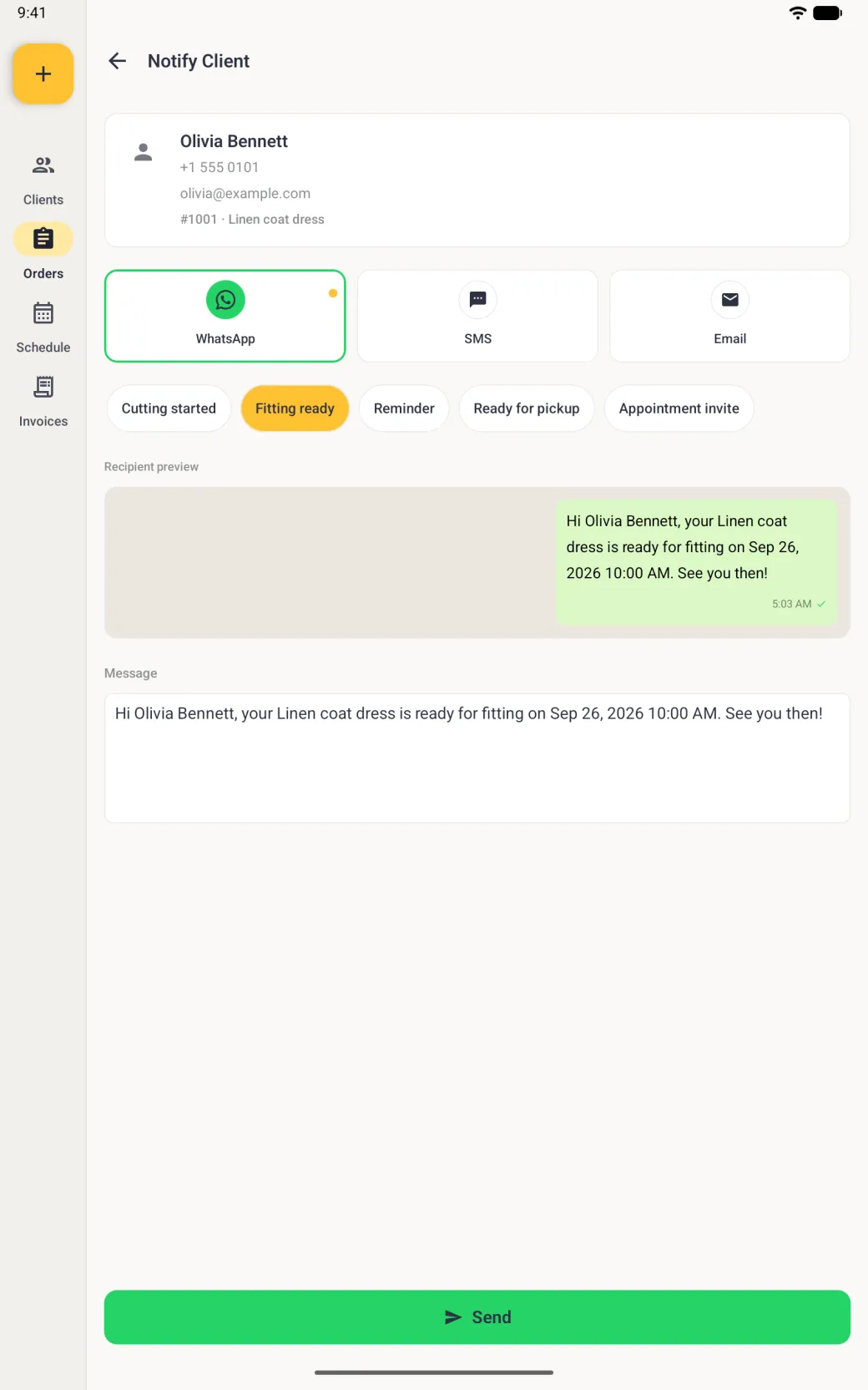 Recipient preview panel with a beige background showing the message inside a pale green chat bubble on the right, with a time stamp and a single green tick, in the style of WhatsApp.