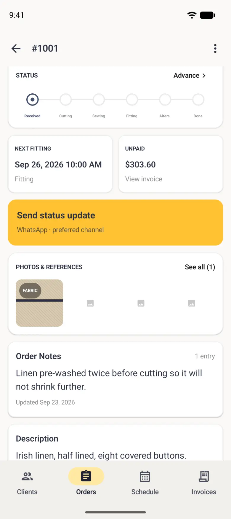 Order detail for order 1001 scrolled a little, with a wide gold bar reading Send status update, and underneath it WhatsApp, preferred channel, below the Next Fitting card for Sep 26, 2026 10:00 AM and the Unpaid card.