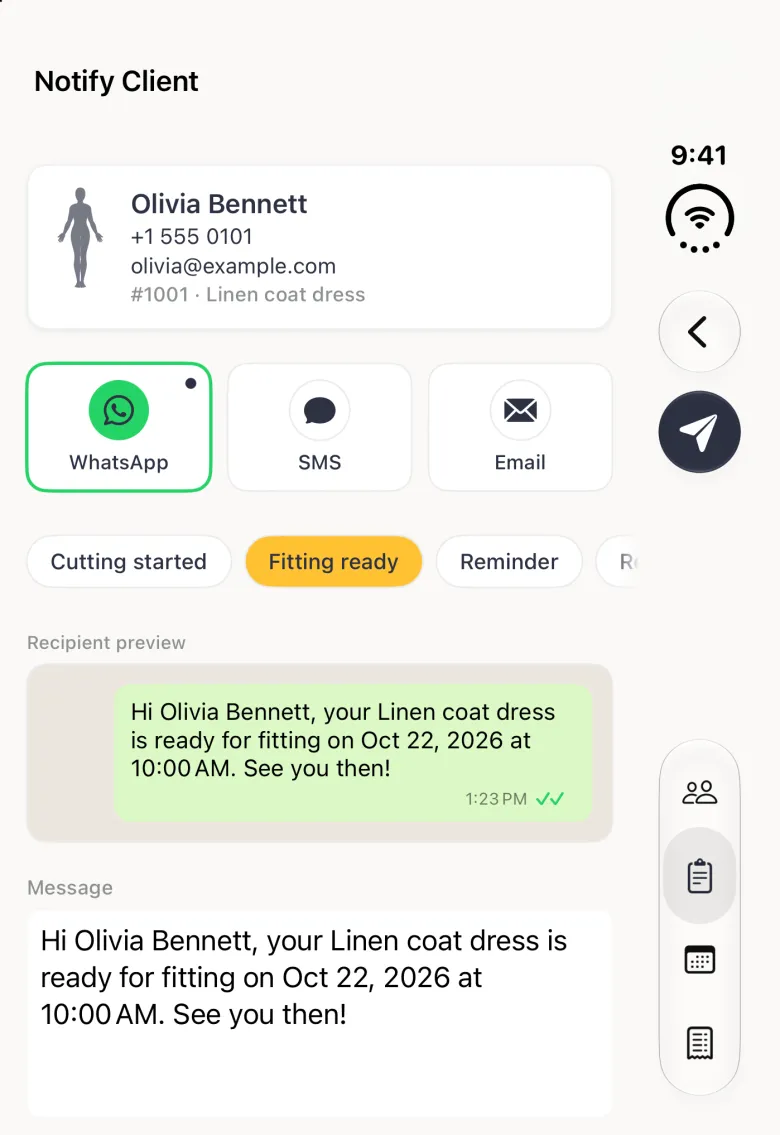 Notify Client page on the closed iPhone Duo with WhatsApp selected and outlined in green, a row of template chips reading Cutting started, Fitting ready selected in gold, Reminder and the start of Ready for pickup cut off at the right edge, a WhatsApp-style recipient preview with the message in a pale green chat bubble with two green ticks on a beige panel, and a Message box reading Hi Olivia Bennett, your Linen coat dress is ready for fitting on Oct 22, 2026 at 10:00 AM. See you then. A back button and a round paper-plane button sit in the vertical bar strip on the right edge.