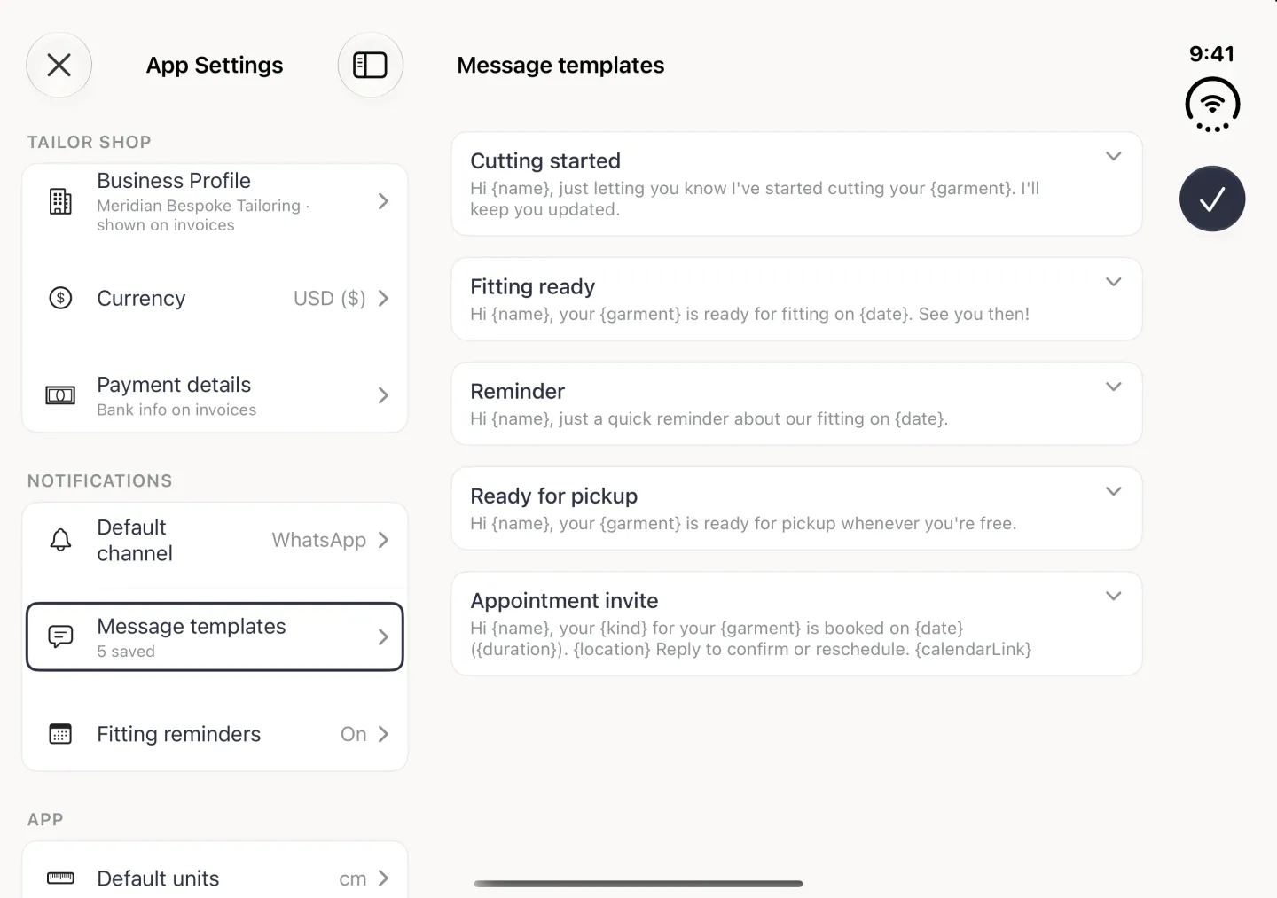 App Settings split view in landscape with Message templates (5 saved) outlined in the list on the left, and on the right the Message templates page listing five cards, Cutting started, Fitting ready, Reminder, Ready for pickup and Appointment invite, each with its name, its wording underneath showing placeholders in curly brackets, and a chevron at the right; a round navy checkmark sits in the vertical bar strip on the right edge.
