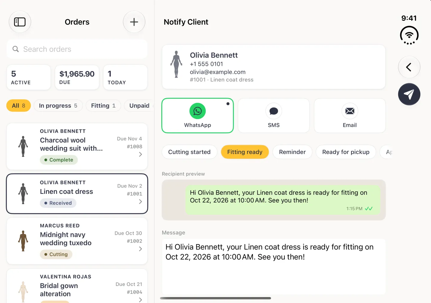 Notify Client page in the pane beside the Orders column in landscape, with WhatsApp selected, outlined in green and marked with a dot as her preferred channel, a row of template chips reading Cutting started, Fitting ready selected in gold, Reminder and Ready for pickup, with Appointment invite cut off at the right edge, a WhatsApp-style recipient preview with the message in a pale green chat bubble with two green ticks on a beige panel, and a Message box reading Hi Olivia Bennett, your Linen coat dress is ready for fitting on Oct 22, 2026 at 10:00 AM. See you then. Back and a round paper-plane button sit in the vertical bar strip on the right edge.