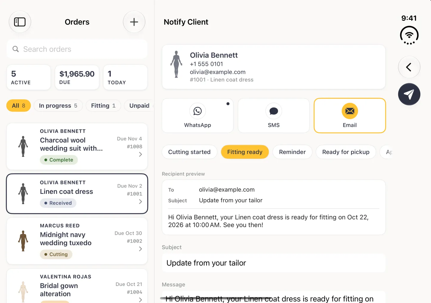 Notify Client page in the pane beside the Orders column in landscape, with Email selected in the channel row and outlined in gold, the Fitting ready chip highlighted, a preview card addressed to her email address with the Subject Update from your tailor and the message Hi Olivia Bennett, your Linen coat dress is ready for fitting on Oct 22, 2026 at 10:00 AM. See you then., and a Subject box reading Update from your tailor above the start of the Message box. Back and a round paper-plane button sit in the vertical bar strip on the right edge.