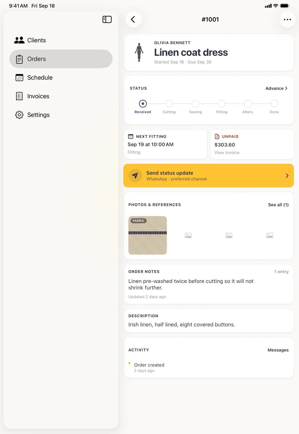 Order detail for order 1001 beside the sidebar, with a wide gold bar reading Send status update and, underneath it, WhatsApp, preferred channel.
