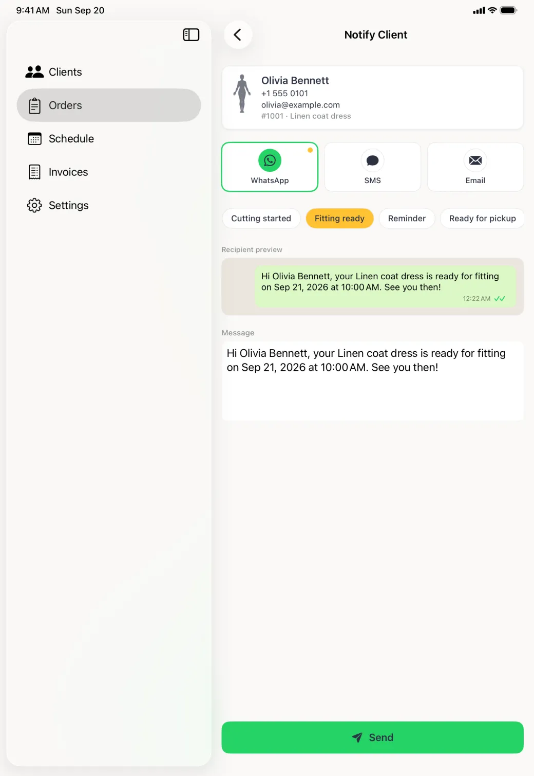 Notify Client form beside the sidebar with WhatsApp selected and a row of template chips, Fitting ready highlighted in gold. In portrait the row shows four chips, Cutting started, Fitting ready, Reminder and Ready for pickup, and the fifth Appointment invite chip sits beyond the right edge of the pane.