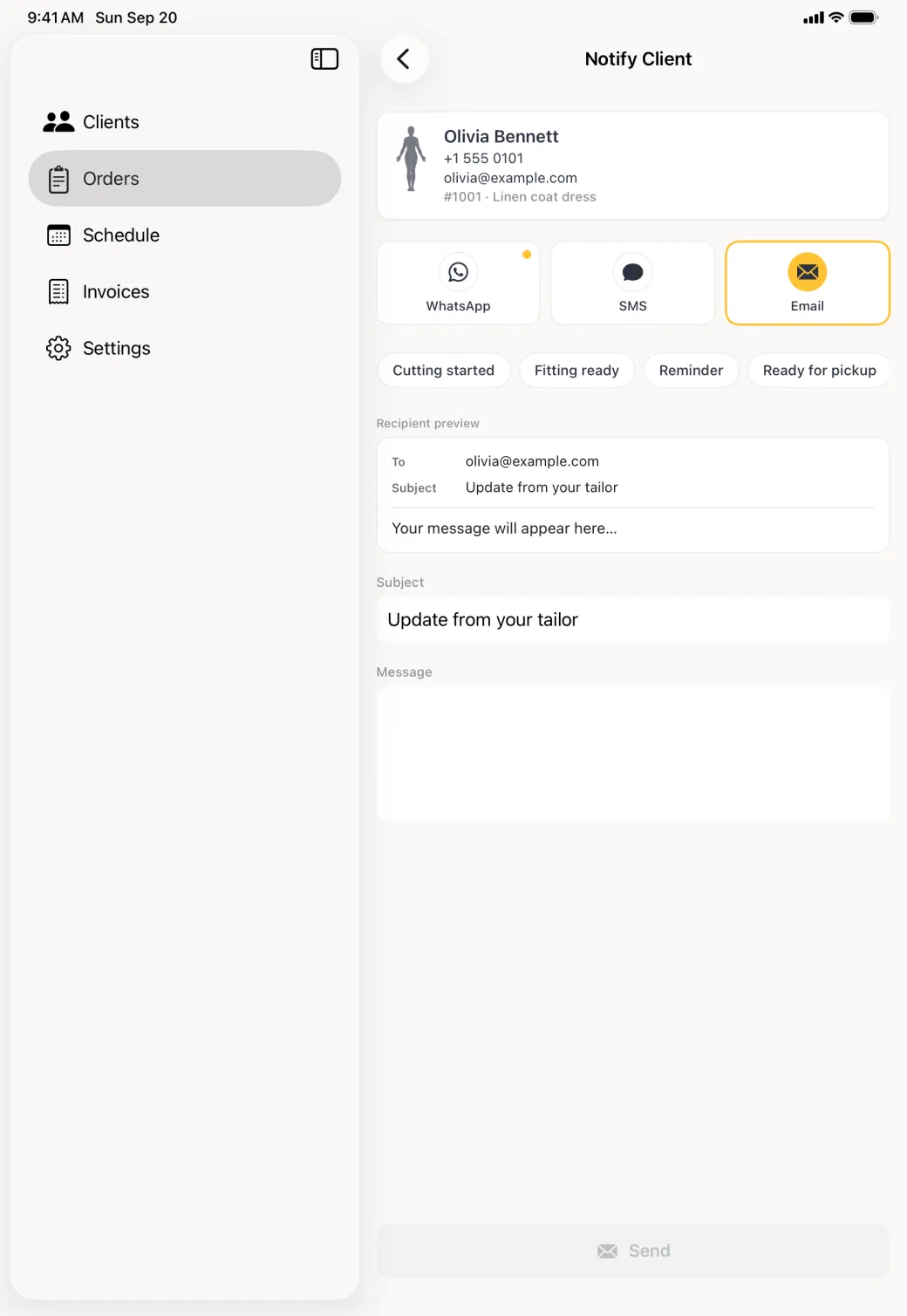 Notify Client form filling the pane beside the sidebar with Email selected and outlined in gold in a row of three channel tiles, a preview addressed to olivia at example dot com with the subject Update from your tailor, and a separate Subject field below it. A small gold dot on the WhatsApp tile marks Olivia Bennett's own preferred channel.