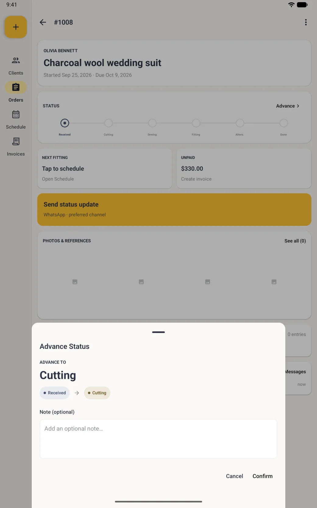 Advance Status sheet rising over the dimmed order, headed Advance To Cutting, with a Received chip, an arrow and a Cutting chip, an empty Note (optional) box, and Cancel and Confirm text buttons at the bottom right.
