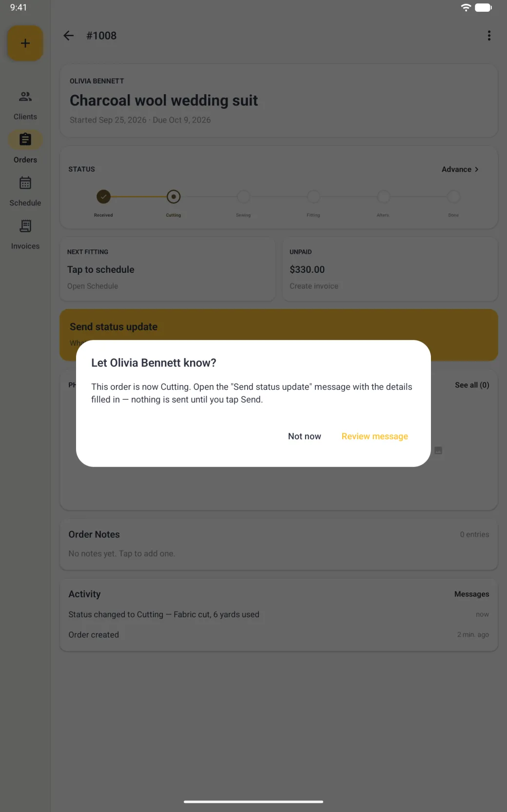Centred dialog over the dimmed order titled Let Olivia Bennett know?, explaining that the order is now Cutting and that the Send status update message opens with the details filled in and nothing is sent until you tap Send, with Not now and a gold Review message.