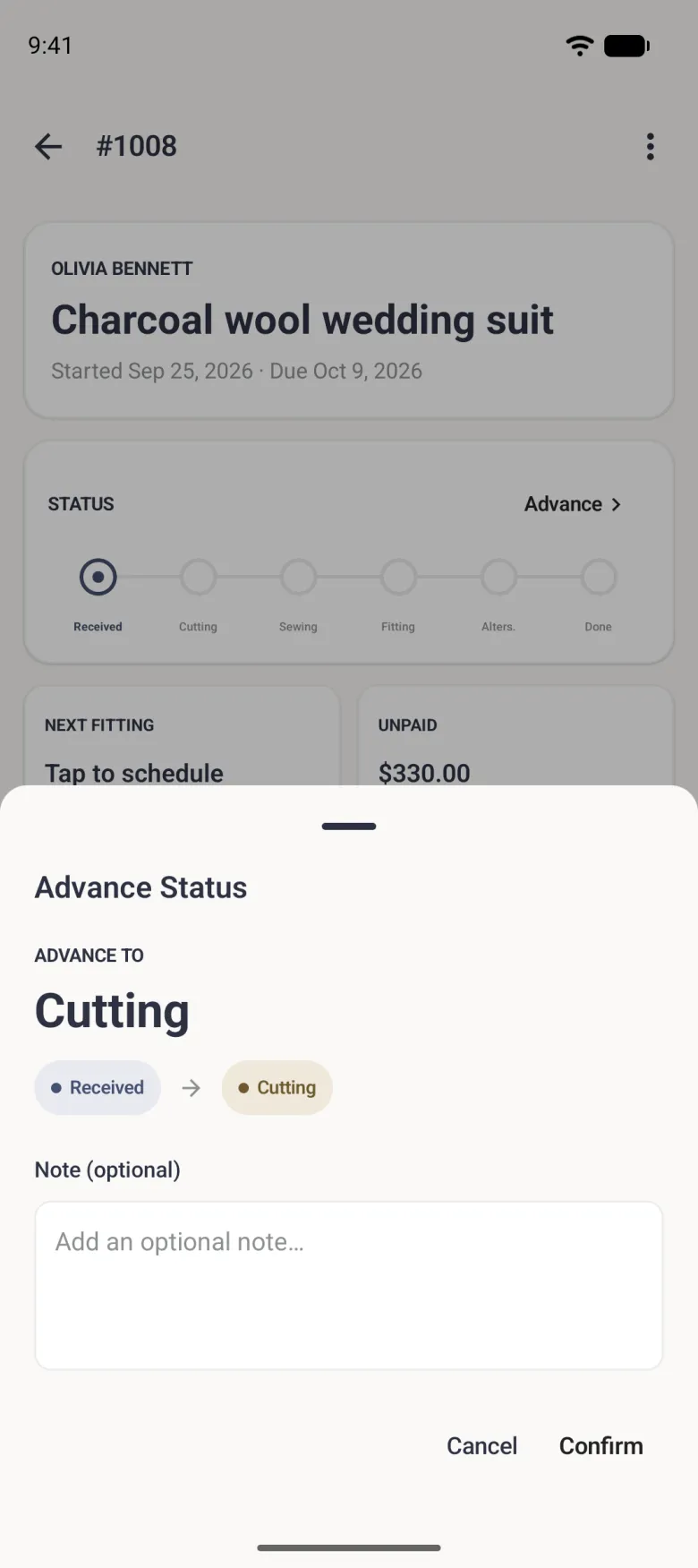 Advance Status bottom sheet over the dimmed order, headed Advance To Cutting, with a Received chip, an arrow and a Cutting chip, an empty Add an optional note box, and Cancel and Confirm text buttons at the bottom right.