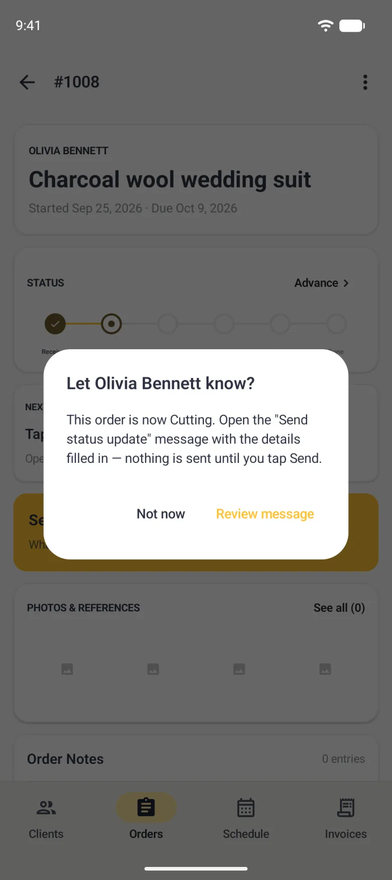 Material dialog over the dimmed order #1008 reading Let Olivia Bennett know? This order is now Cutting. Open the Send status update message with the details filled in, nothing is sent until you tap Send, with Not now and a gold Review message.