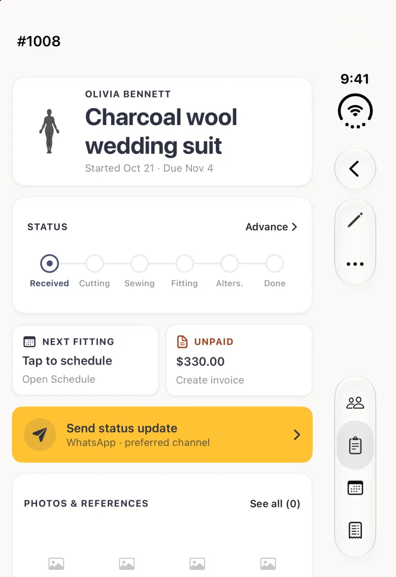 Order detail titled #1008 on the closed iPhone Duo, with a back button and a capsule holding a pencil and a three-dot button in the vertical bar strip on the right edge, and the four tab buttons (Orders selected) lower down the strip. Below the title are a card with a small body figure, Olivia Bennett, Charcoal wool wedding suit, Started Oct 21 and Due Nov 4, a Status card with a six-step bar at Received and an Advance link, a Next fitting card reading Tap to schedule beside an Unpaid card reading $330.00 with Create invoice, a gold Send status update bar for WhatsApp, and the top of an empty Photos and References strip with See all (0).