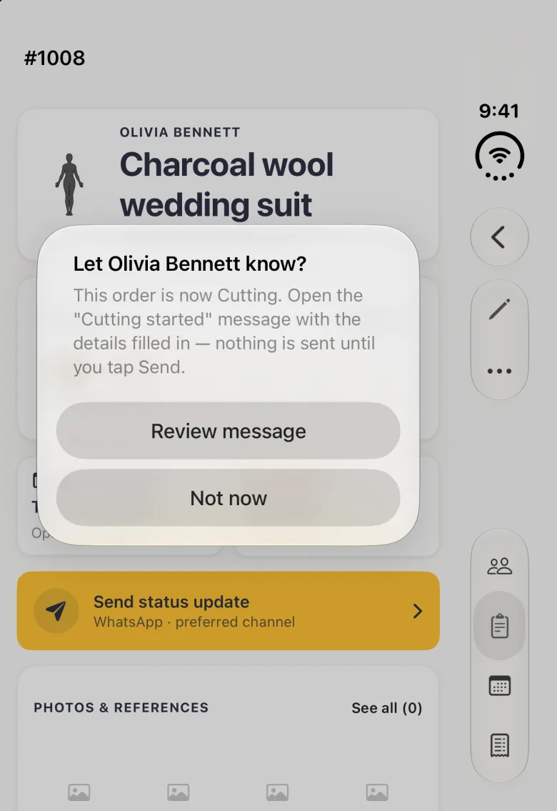 Alert over the dimmed #1008 order detail on the closed iPhone Duo titled Let Olivia Bennett know?, explaining the order is now Cutting and that the Cutting started message can be opened with the details filled in and nothing is sent until you tap Send, with a Review message button above a Not now button; the back, pencil and three-dot buttons and the tab buttons stay in the vertical bar strip on the right edge.