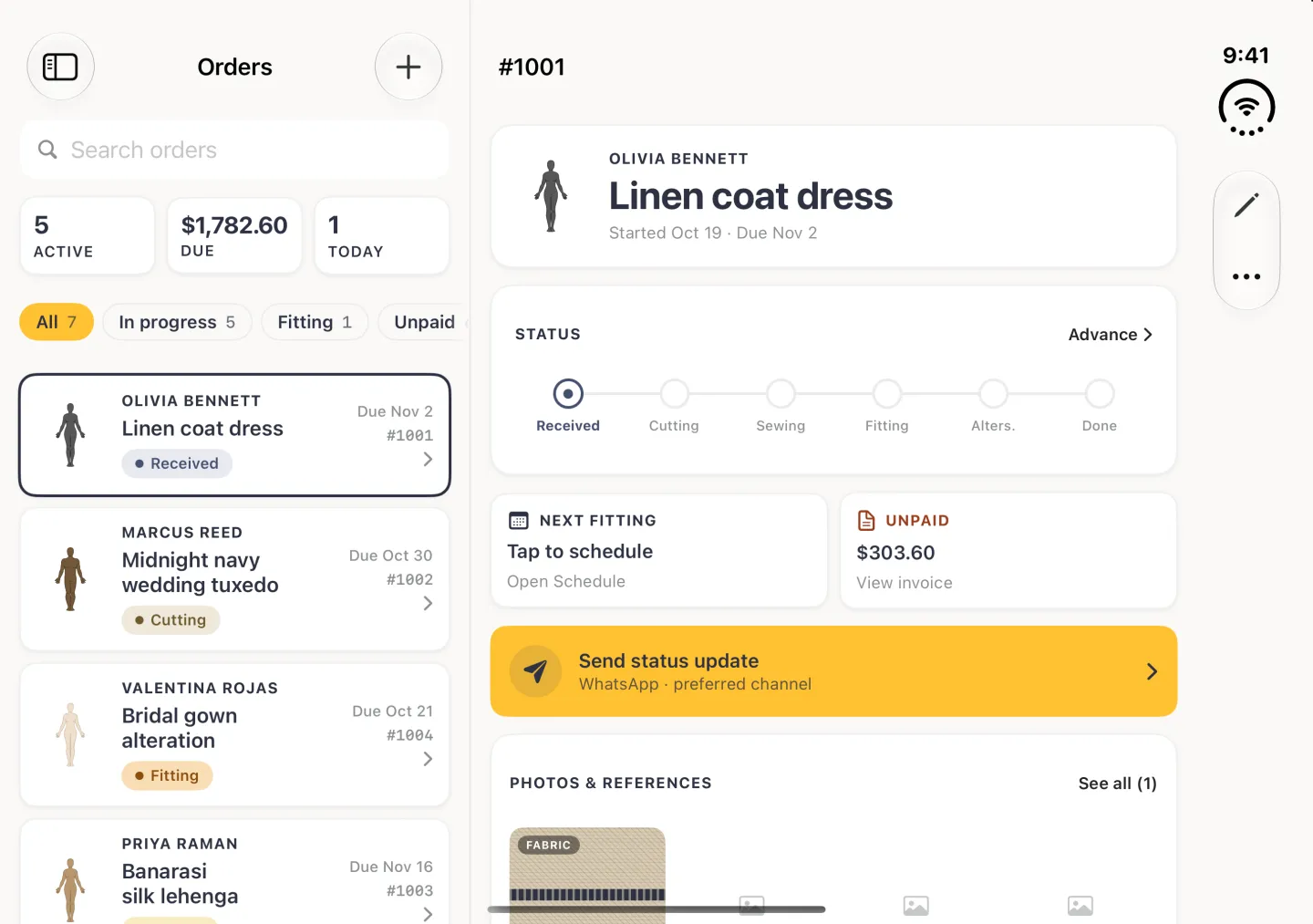 Orders in landscape as a split view: on the left the Orders column with a sidebar button, the title Orders and a round plus button, a Search orders field, summary cards reading 5 Active, $1,782.60 Due and 1 Today, filter chips All 7, In progress 5, Fitting 1 and Unpaid (cut at the column edge), and order cards for Olivia Bennett's Linen coat dress #1001 at Received (outlined), Marcus Reed's Midnight navy wedding tuxedo #1002 at Cutting, Valentina Rojas's Bridal gown alteration #1004 at Fitting and the start of Priya Raman's #1003, each with a client figure and due date; on the right order #1001 is open with its Status bar at Received, Next fitting Tap to schedule, Unpaid $303.60, the gold Send status update bar and the Photos and References card, with the pencil and three-dot buttons in the vertical bar strip on the right edge.
