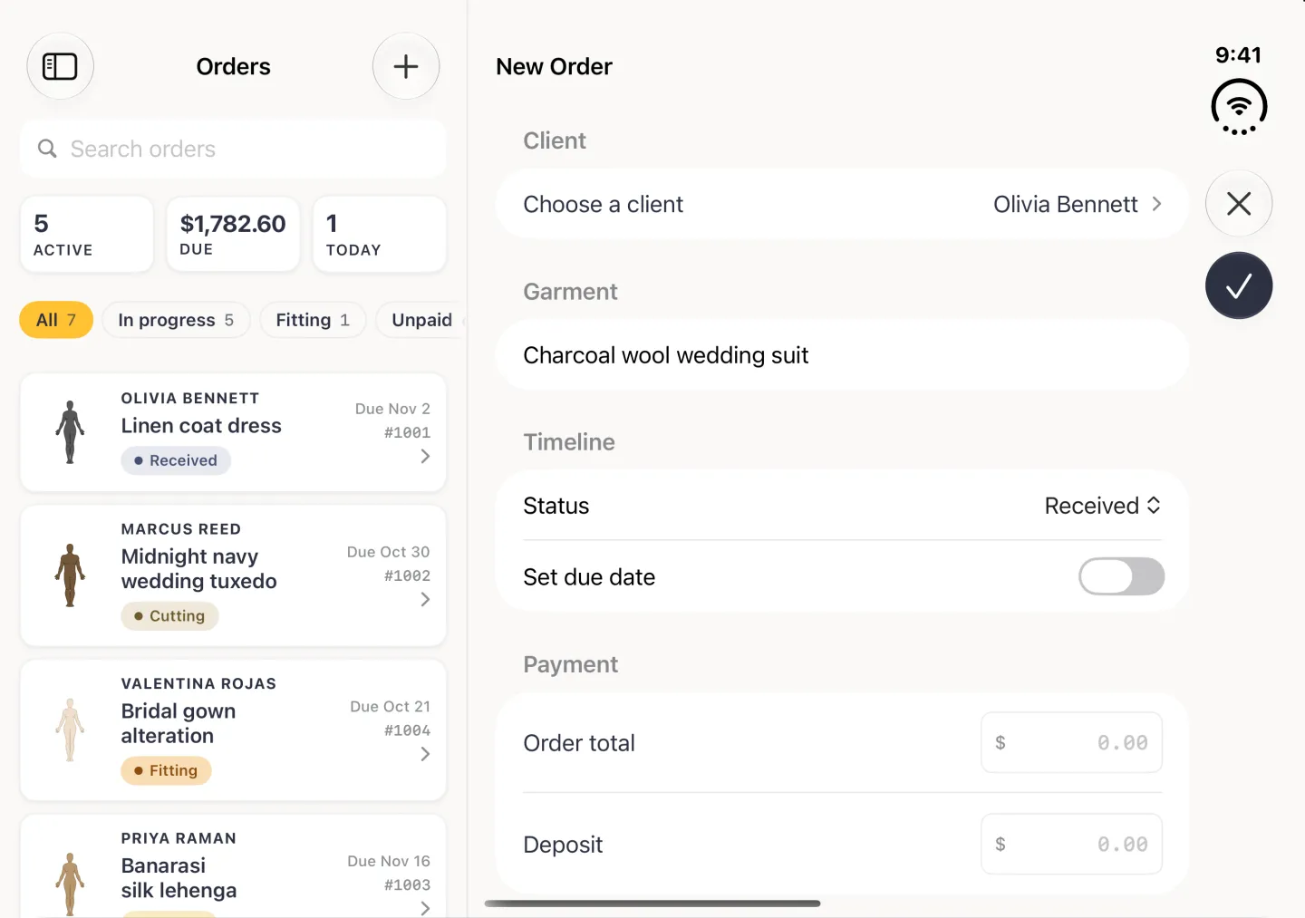 New Order form in the pane beside the Orders column in landscape, with Olivia Bennett on the Choose a client row, Charcoal wool wedding suit typed in the Garment field, the Status row reading Received, the Set due date switch off and the Order total and Deposit fields at 0.00; the checkmark button in the vertical bar strip on the right edge is now solid navy. No on-screen keyboard (a hardware keyboard is attached).