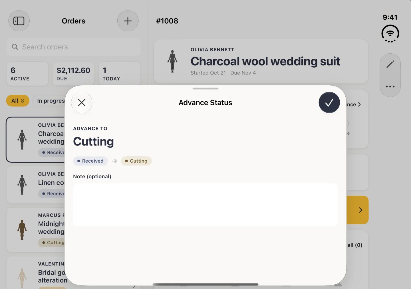 Advance Status sheet rising from the bottom of the screen over the dimmed Orders column and order #1008 in landscape, with a grab handle, a close button at the top left and a round navy tick button at the top right, headed Advance To Cutting, with a Received chip, an arrow and a Cutting chip, and an empty Note (optional) box.
