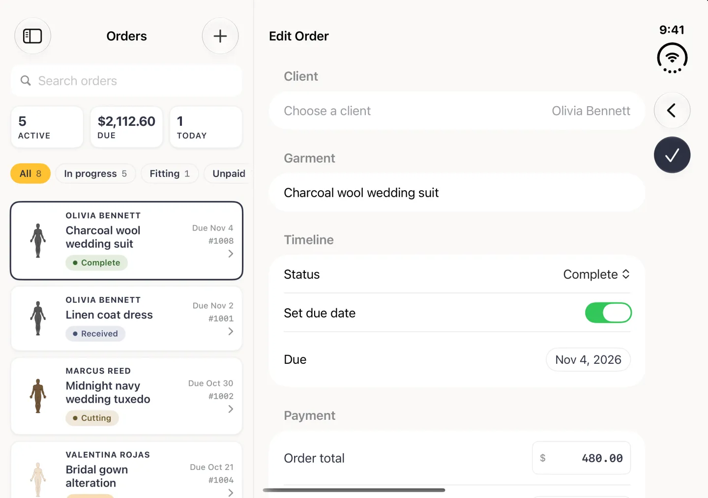 Edit Order form in the pane beside the Orders column in landscape, with a back arrow and a round navy tick in the vertical bar strip on the right edge, a greyed-out client row reading Olivia Bennett, the garment Charcoal wool wedding suit, Status set to Complete, the Set due date switch on with Due Nov 4, 2026, and an order total of 480.00 at the bottom.