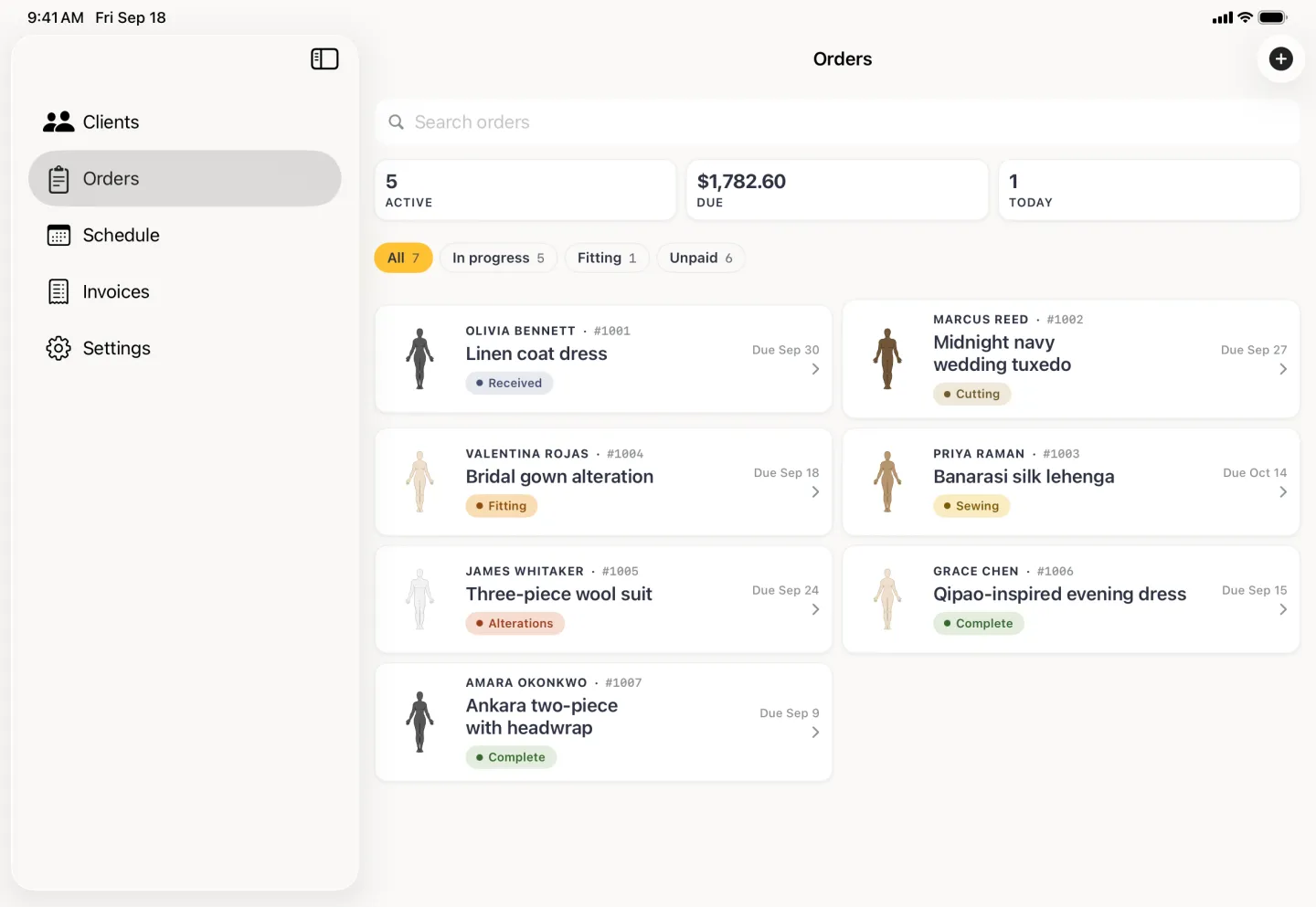 Orders pane beside a sidebar listing Clients, Orders, Schedule, Invoices and Settings, with a search field, cards reading 5 Active, $1,782.60 Due and 1 Today, four filter chips, and seven order cards laid out in two columns.