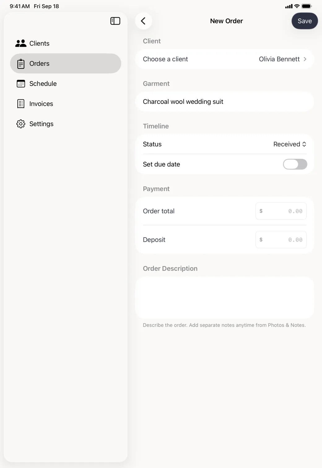 New Order form filling the pane beside the sidebar, with the client set to Olivia Bennett, the garment field reading Charcoal wool wedding suit, and the Save button now active.