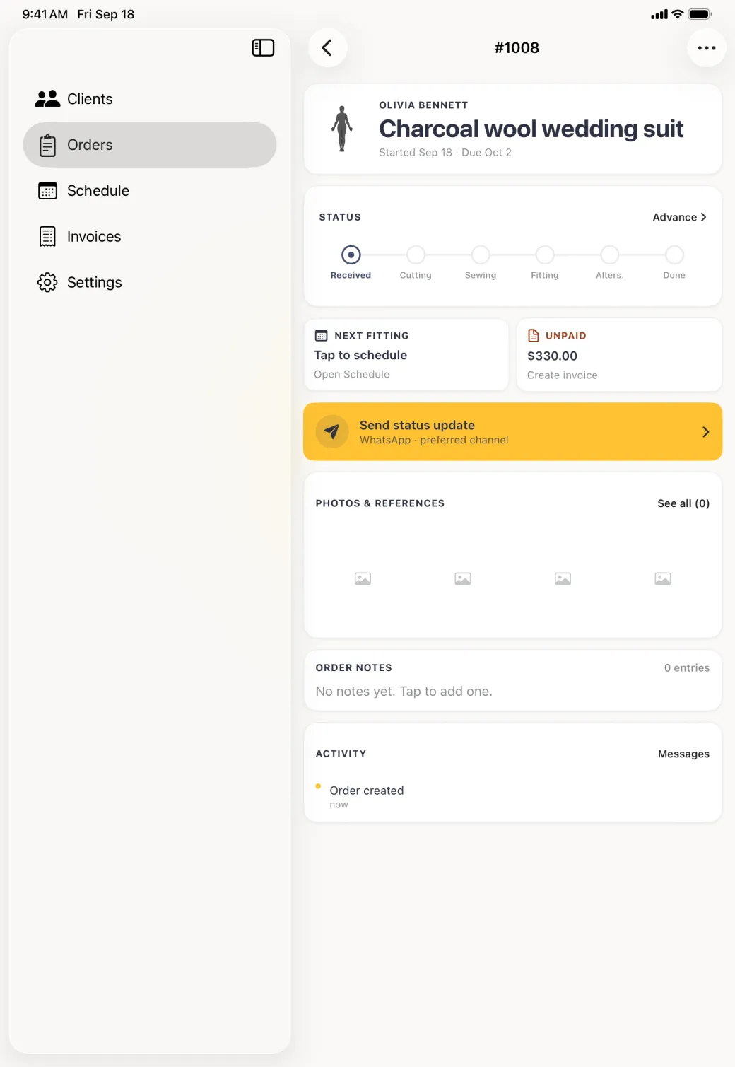 Order #1008 filling the pane beside the sidebar, showing Olivia Bennett, the garment Charcoal wool wedding suit, started Sep 18 and due Oct 2, a six-step status bar at Received, a Next fitting card reading Tap to schedule and an Unpaid card reading $330.00.