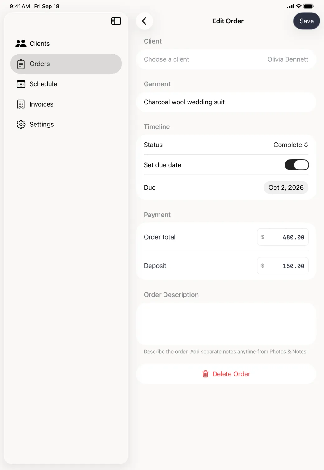 Edit Order form filling the pane beside the sidebar, with a greyed-out client row reading Olivia Bennett, the garment, the status Complete, the due date, an order total of 480.00 and a deposit of 150.00, and a red Delete Order button at the foot.