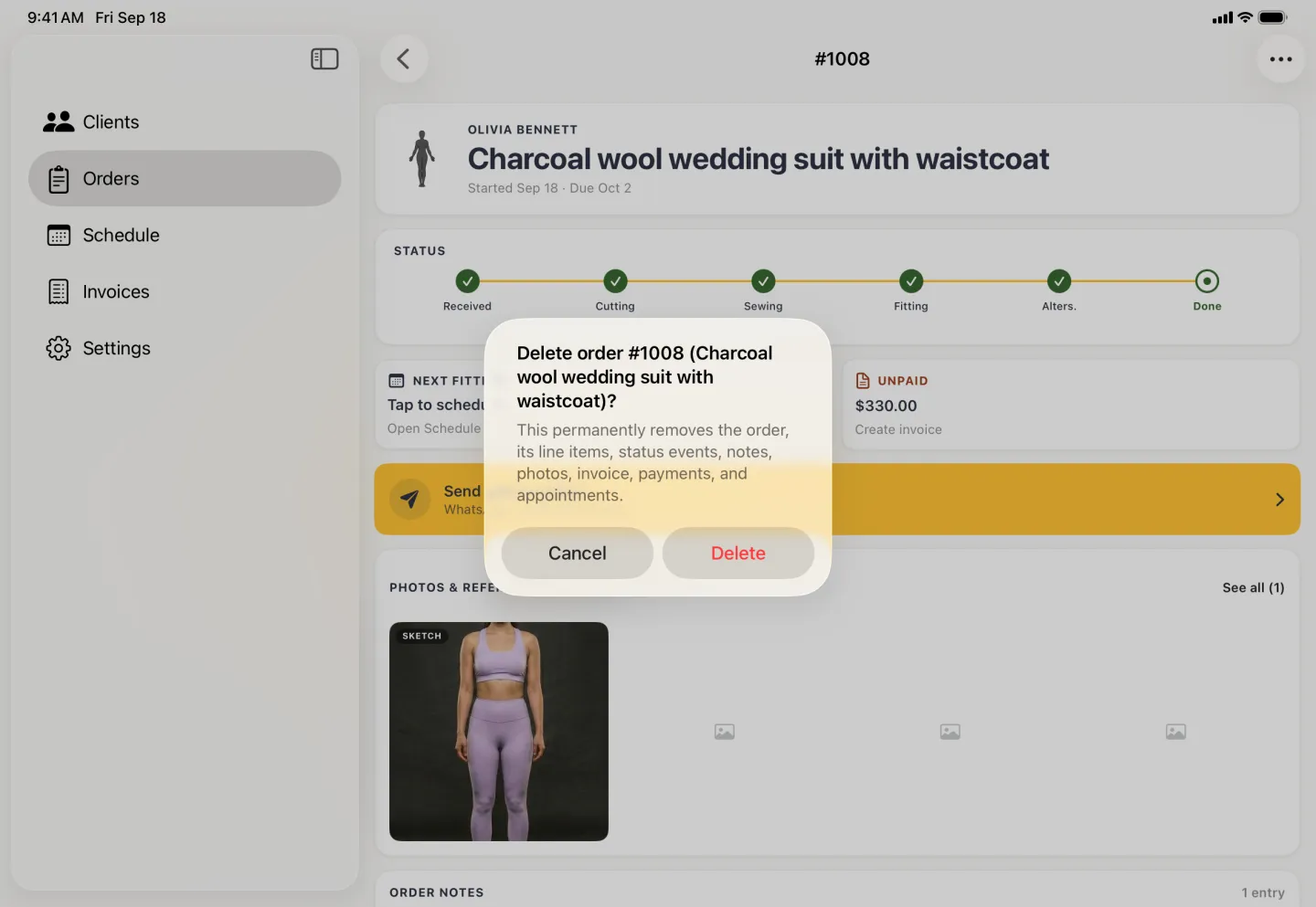 Delete order warning box centred over the order detail, headed Delete order #1008 (Charcoal wool wedding suit with waistcoat)? and explaining that the order, its line items, status events, notes, photos, invoice, payments and appointments are permanently removed, with Cancel and a red Delete.