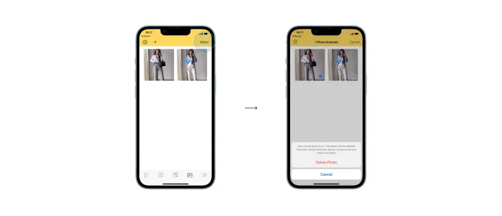 Selecting and deleting photos from the photos page.