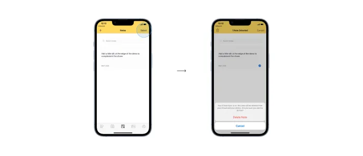 Selecting and deleting notes from the notes page.