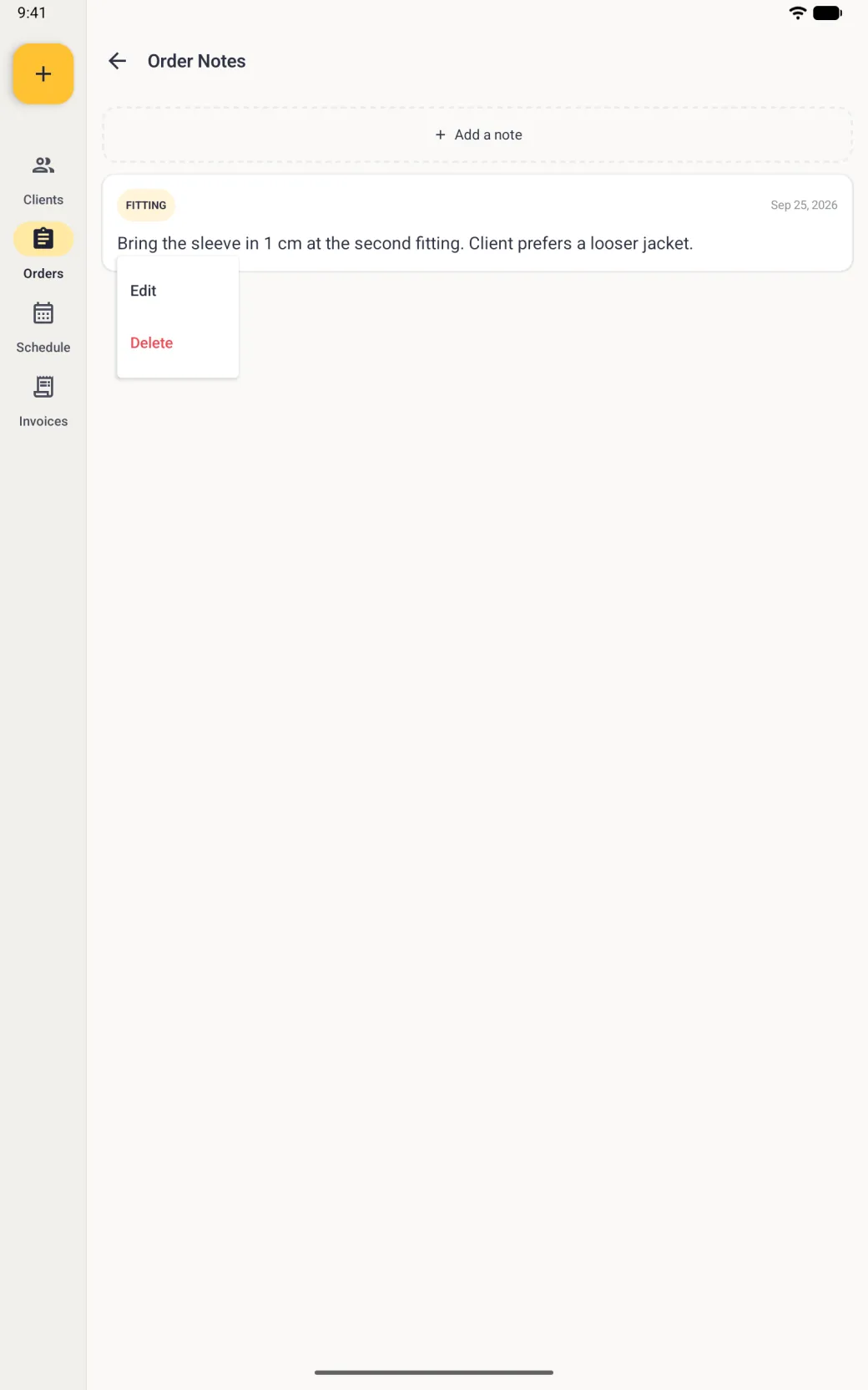 Order Notes screen with a small menu open under the note, offering Edit and, in red, Delete.
