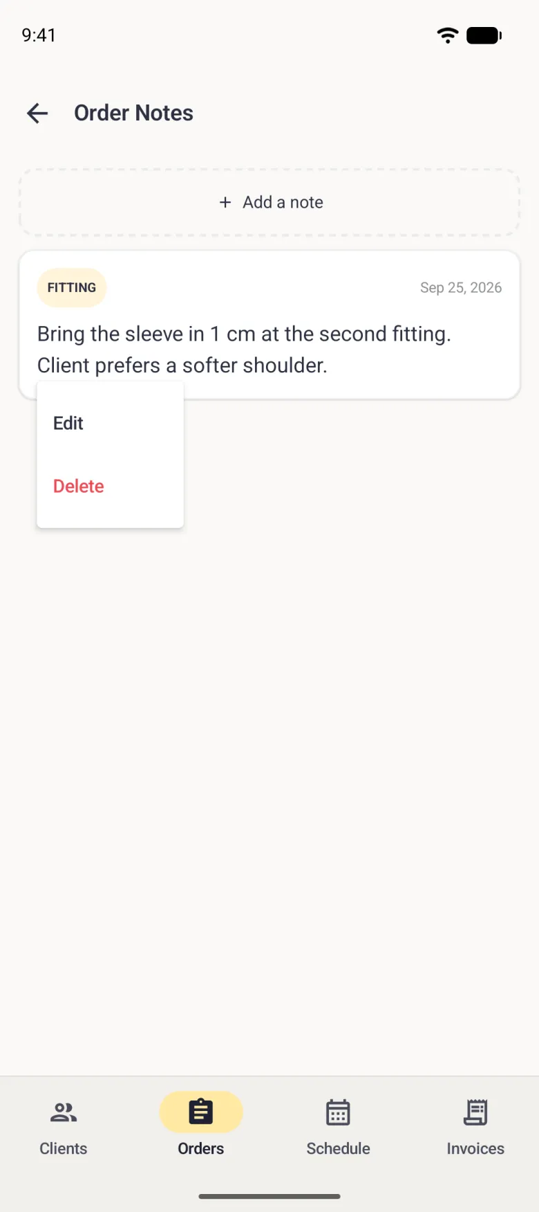 Order Notes screen with a small menu open under the Fitting note offering Edit and, in red, Delete.