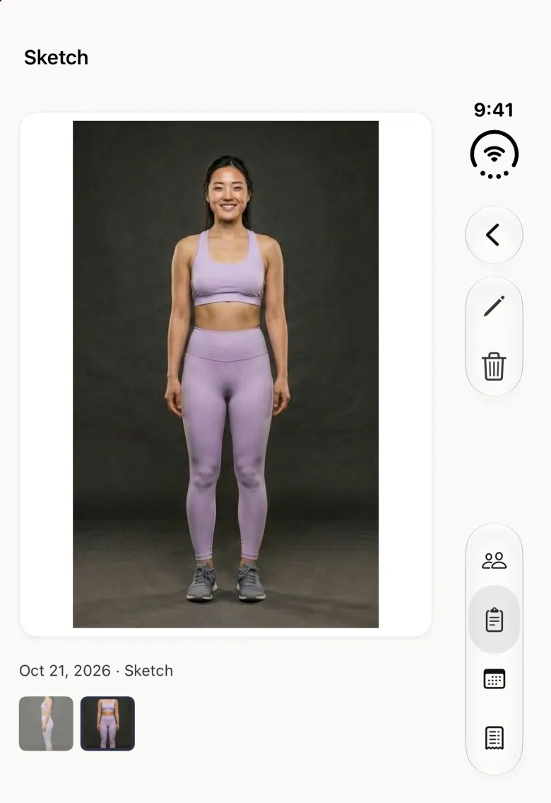 Photo page on the closed iPhone Duo titled Sketch, with a back button and a capsule holding pencil and trash buttons in the vertical bar strip on the right edge, a front-facing body photo in a white card, the line Oct 21, 2026 and Sketch under it, and a strip of two thumbnails with the second one outlined.