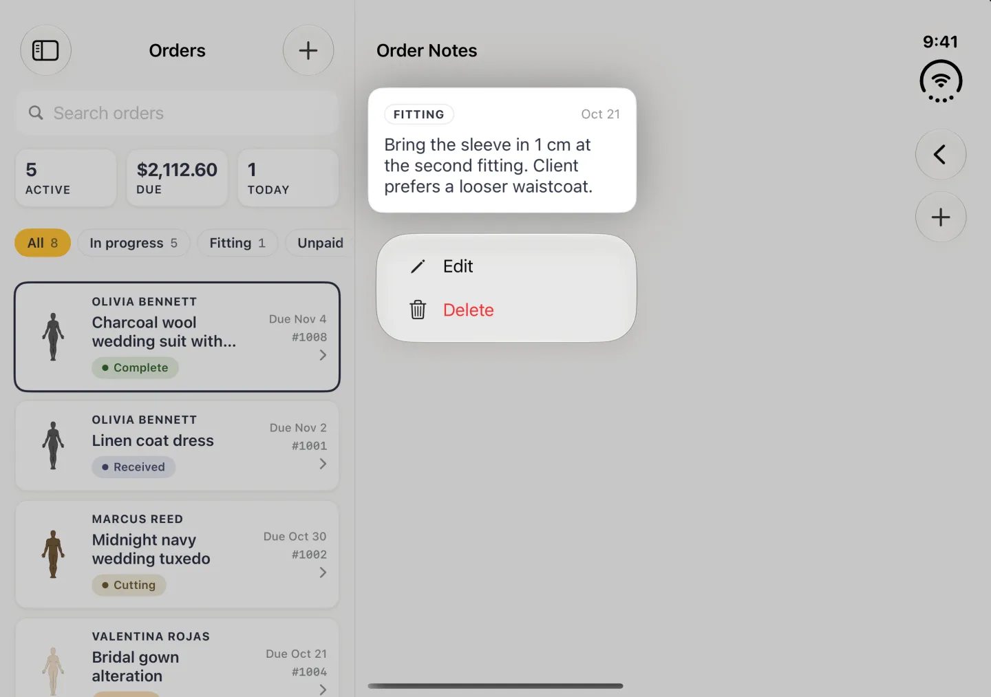 Order Notes pane in landscape dimmed behind a lifted note card tagged Fitting reading Bring the sleeve in 1 cm at the second fitting. Client prefers a looser waistcoat., with a small menu under it offering Edit with a pencil icon and Delete in red with a trash icon.