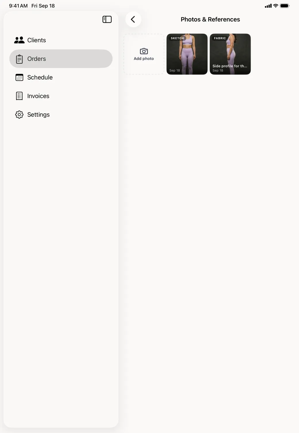 Photos and References pane with an Add photo tile followed by two photo tiles, one tagged Sketch and dated Sep 18 and one tagged Fabric with the caption Side profile for the jacket drape.