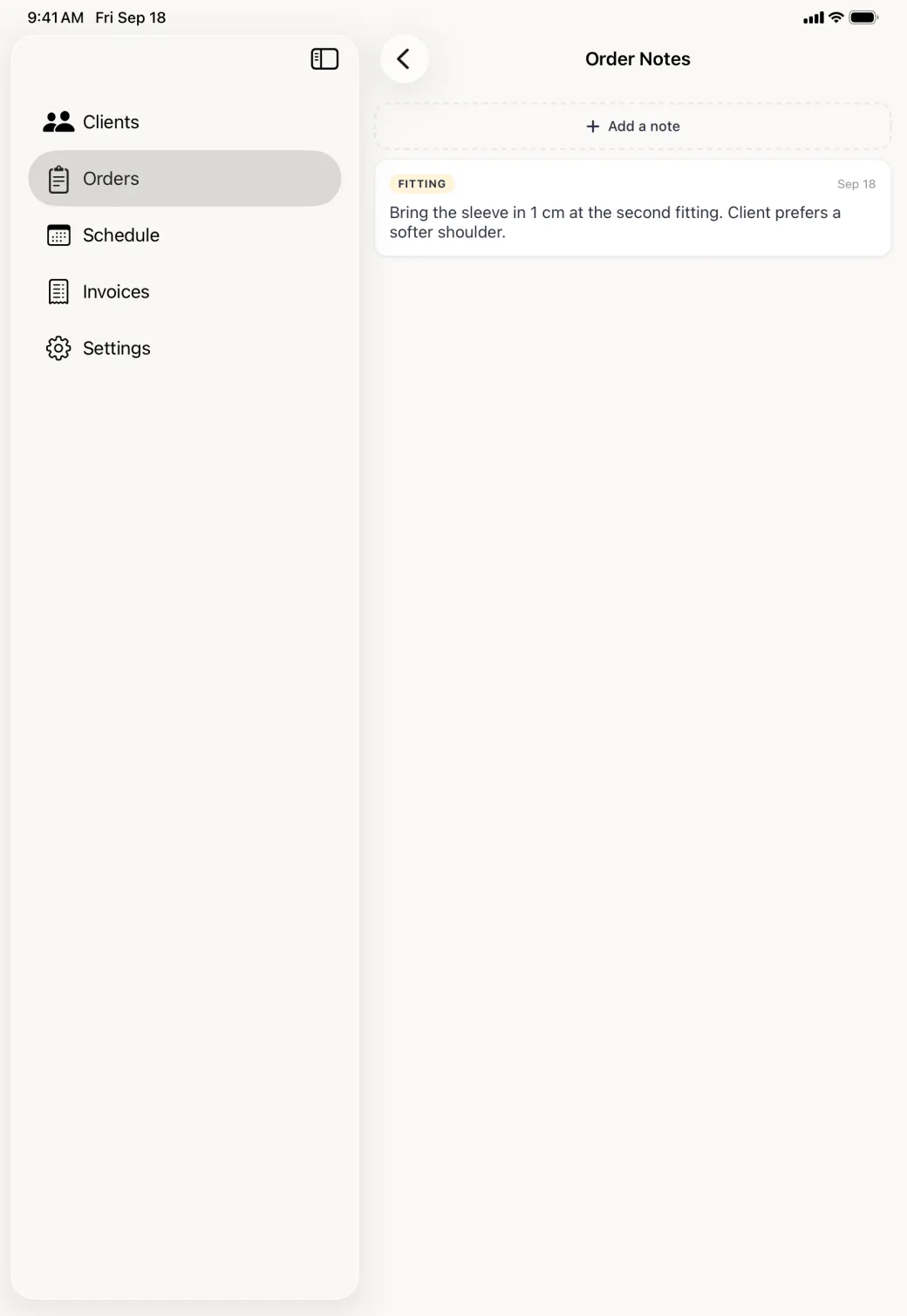 Order Notes pane showing one saved note tagged Fitting and dated Sep 18, below the dashed Add a note button.