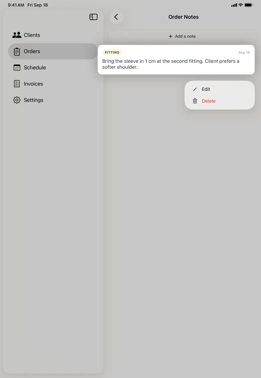 Order Notes pane dimmed behind a lifted note card that spreads across the sidebar, with a small menu below it offering Edit and a red Delete.